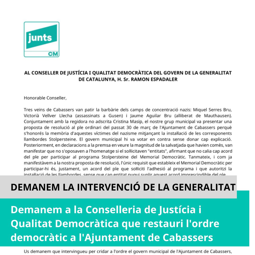 Demanem a la Conselleria de Justícia i Qualitat Democràtica que restauri l’ordre democràtic a l’Ajuntament de Cabassers